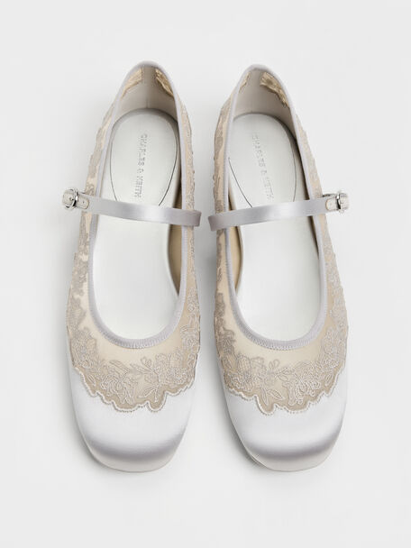 Satin Embroidered-Mesh Mary Jane Flats, Silver, hi-res