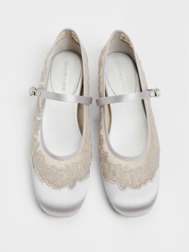 Satin Embroidered-Mesh Mary Jane Flats, Silver, hi-res