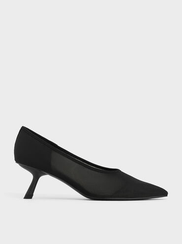 Mesh Slant-Heel Pointed-Toe Pumps, Black Textured, hi-res