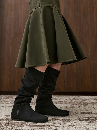 Faux Suede Ruched Knee-High Boots, Black Textured, hi-res