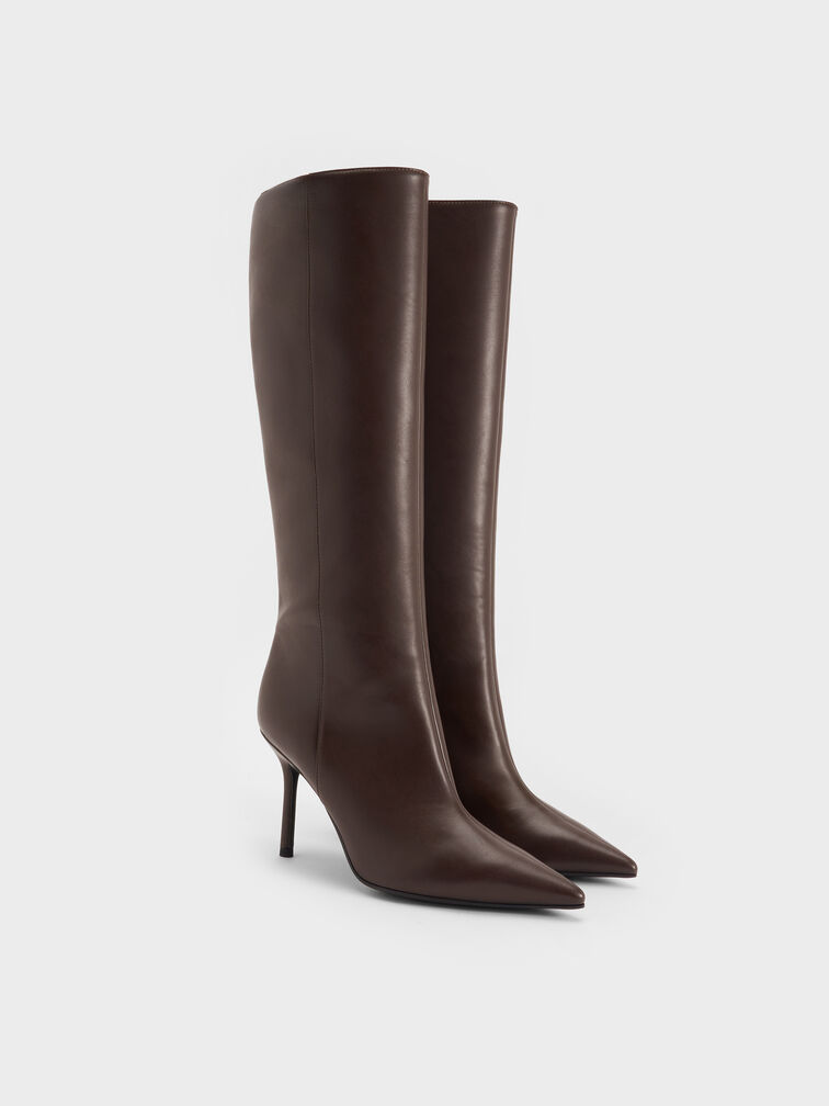 Pointed-Toe Stiletto-Heel Knee-High Boots, Dark Brown, hi-res