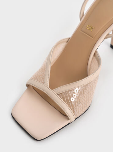 Sequin Mesh & Leather Ankle-Strap Heeled Sandals, Nude, hi-res