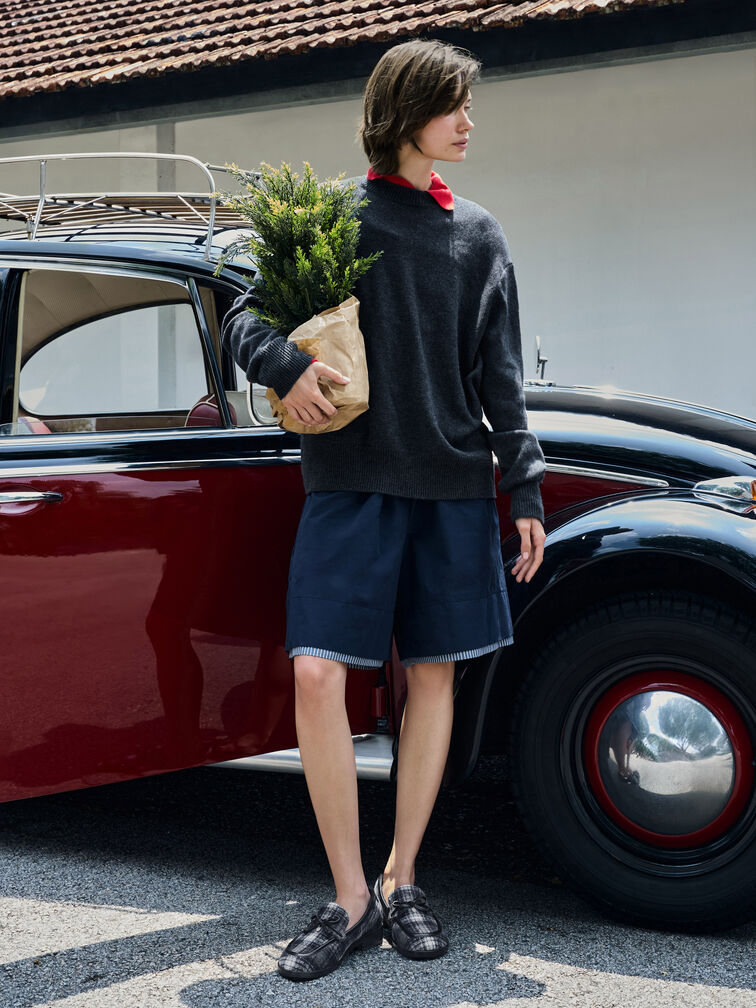 Checkered Circle-Charm Bow Loafers, Dark Grey, hi-res