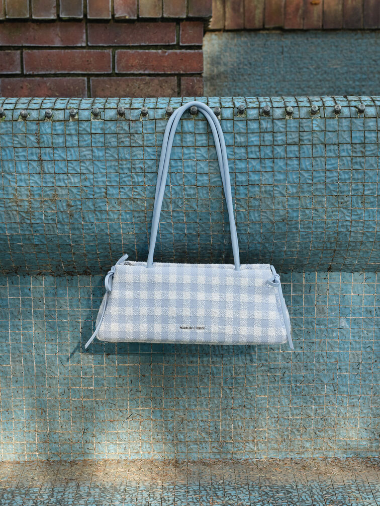 Hazel Gingham Bow Elongated Shoulder Bag, Gingham Blue, hi-res