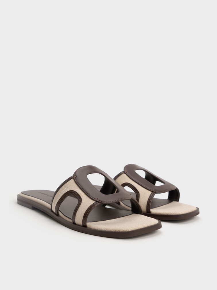 Easley Linen Cut-Out Slide Sandals, Dark Brown, hi-res