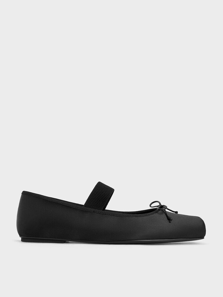 Satin Square-Toe Mary Jane Ballet Flats, Black Textured, hi-res