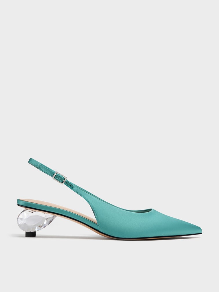 Satin Pointed-Toe Crystal-Heel Slingback Pumps, Teal, hi-res