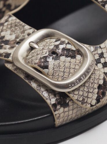 Snake-Print Buckled Double-Strap Slingback Sandals, Animal Print Natural, hi-res