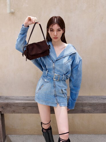 Khai Recycled Suede Ruched-Flap Side-Pocket Top Handle Bag, Espresso Brown, hi-res