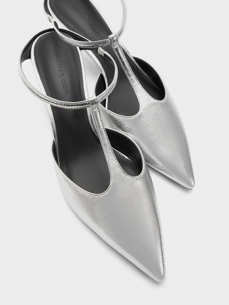 Metallic T-Bar Pointed-Toe Kitten-Heel Mules, Silver, hi-res