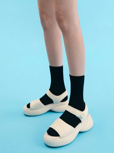 Flower-Buckle Platform Sports Sandals, Cream, hi-res
