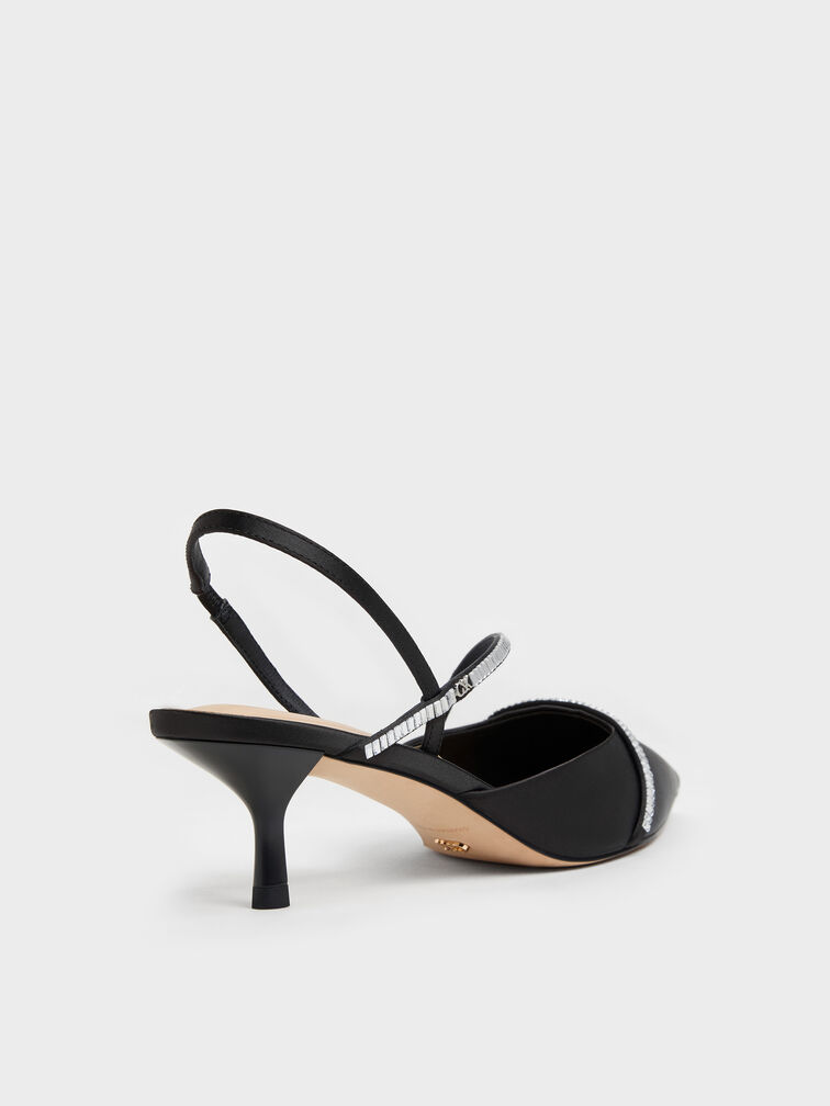 Gem Slingback Kitten Heels, Black Textured, hi-res