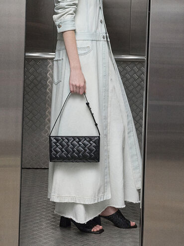 Ivette Woven Elongated Shoulder Bag, Noir, hi-res