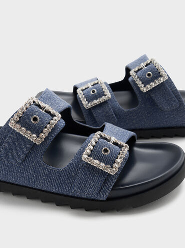 Denim Gem-Buckle Double-Strap Sandals, Denim Blue, hi-res