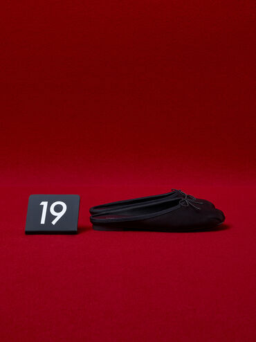 Satin Bow Flat Mules, Black Textured, hi-res