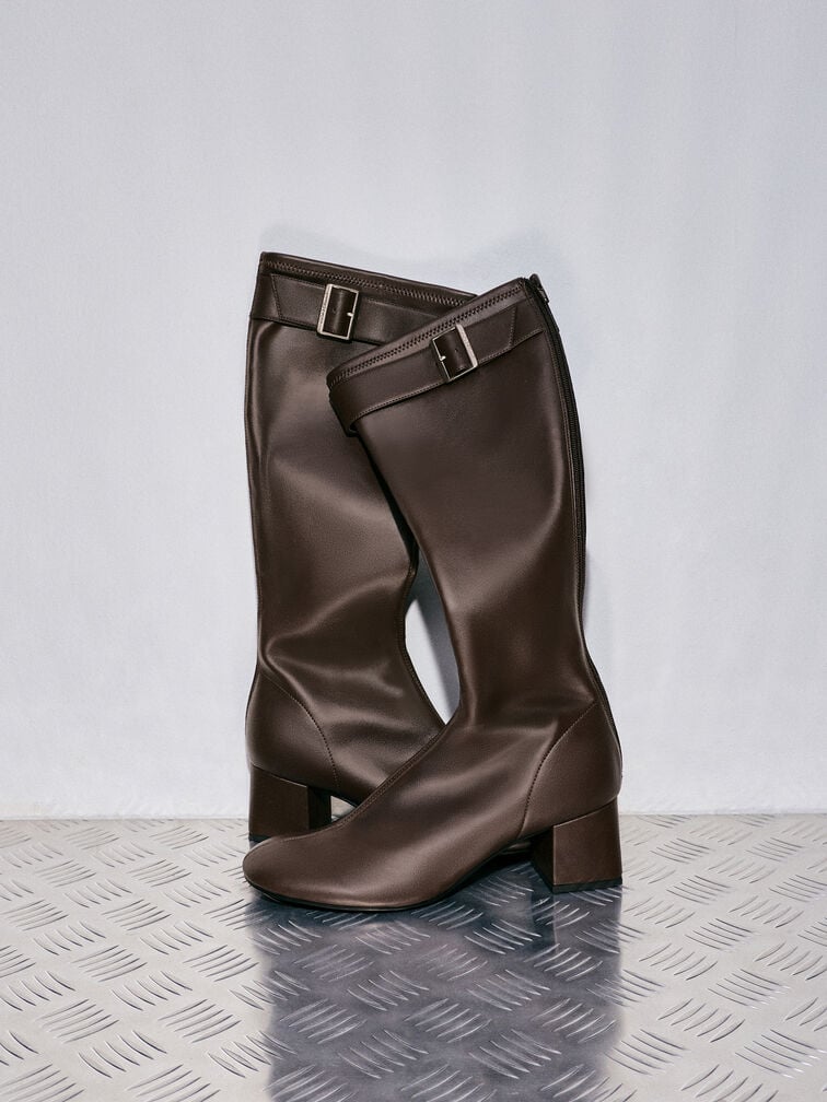 Gerry Buckled Knee-High Boots, Dark Brown, hi-res