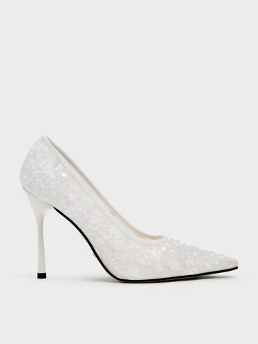 Kyra Embroidered-Mesh Stiletto Pumps, White, hi-res