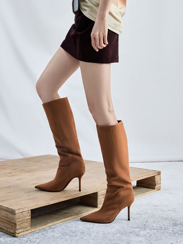 Faux Suede Pointed Stiletto Knee-High Boots, Cognac, hi-res