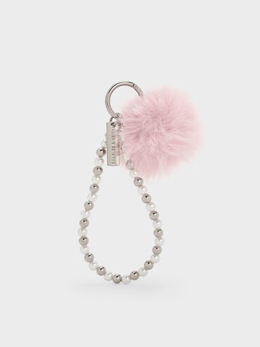 Pearl Beaded-Strap Furry Ball Charm, Cotton Candy Pink, hi-res