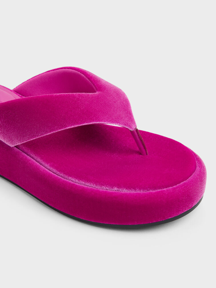 Velvet Flatform Thong Sandals, Fuchsia, hi-res
