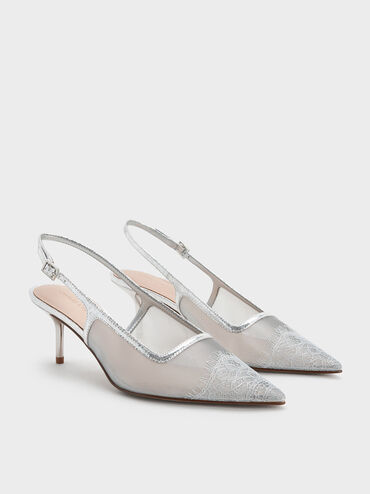 Mesh & Lace Pointed-Toe Slingback Pumps, Silver, hi-res