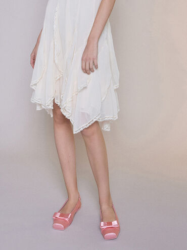 Satin Bow Slingback Ballet Flats, Pink, hi-res