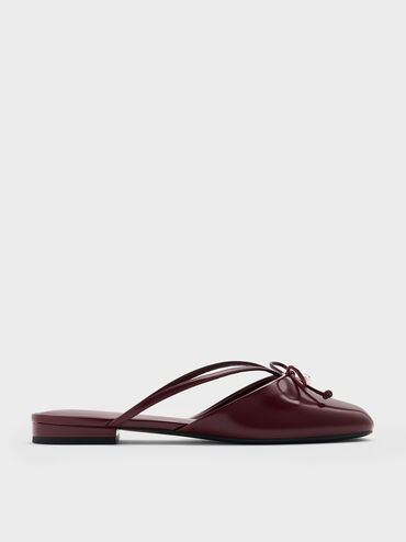 Pearl-Accent Bow Flat Mules, Burgundy, hi-res