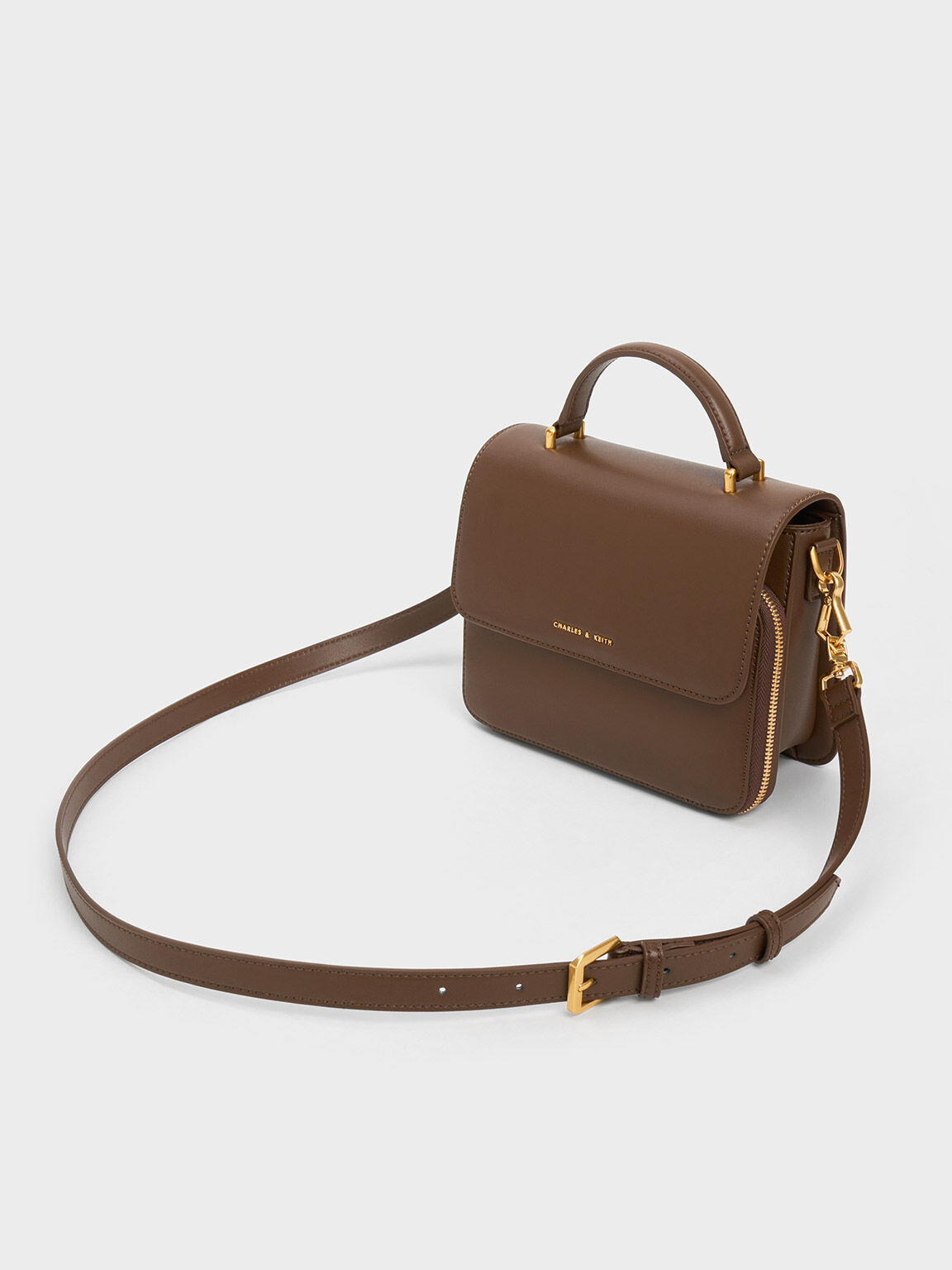 Dark Brown Octavia Front Flap Top Handle Bag - CHARLES & KEITH UK