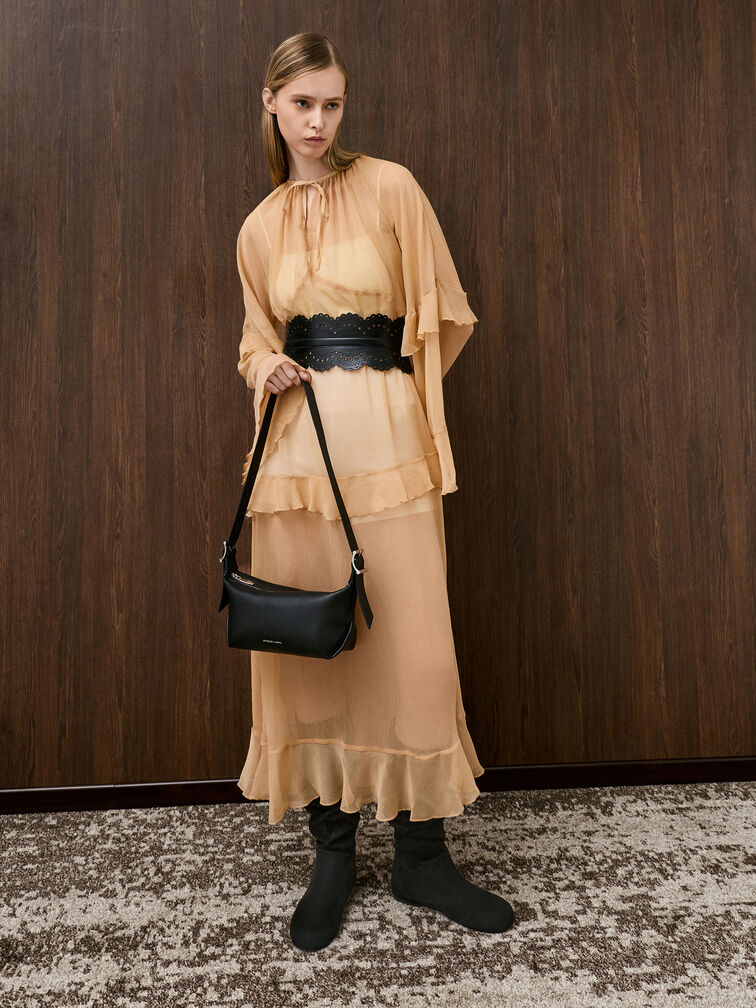 Faux Suede Ruched Knee-High Boots, Black Textured, hi-res