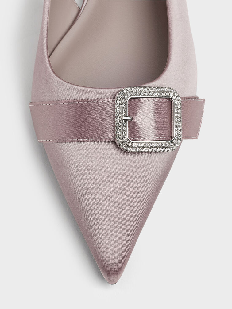 Satin Crystal-Buckle Pointed-Toe Slingback Flats, Mauve, hi-res