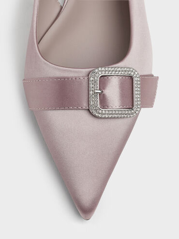 Satin Crystal-Buckle Pointed-Toe Slingback Flats, Mauve, hi-res