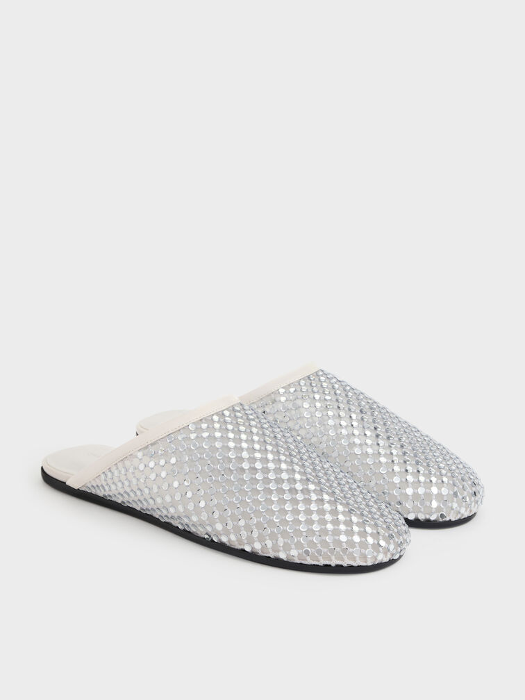 Maggie Mesh Crystal Flat Mules, White, hi-res