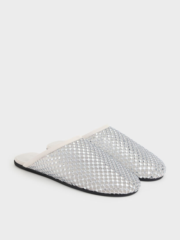 Maggie Mesh Crystal Flat Mules, White, hi-res