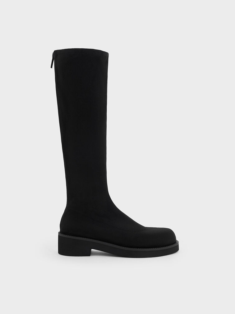 Faux Suede Chunky-Sole Knee-High Boots, Black Textured, hi-res