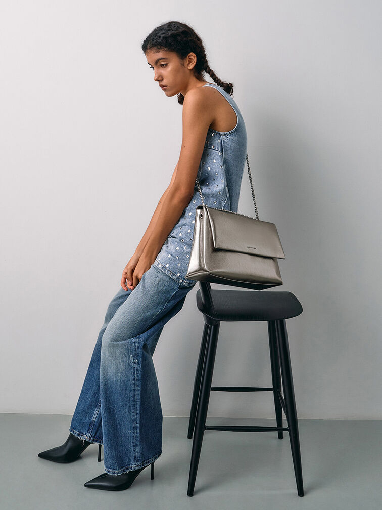 Sianna Metallic Crinkle-Effect Chain-Handle Shoulder Bag, Pewter, hi-res