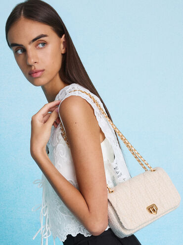 Arwen Tweed Diamond-Quilt Braided-Strap Shoulder Bag, Cream Tweed, hi-res