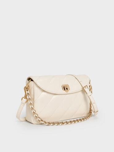 Fawn Panelled Front Flap Chain-Handle Bag, Cream, hi-res