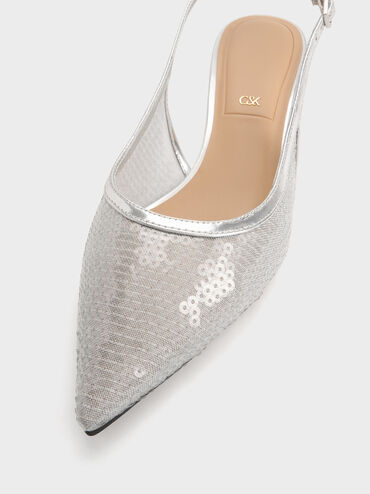 Sequin Mesh & Leather Slingback Kitten Heels, Silver, hi-res