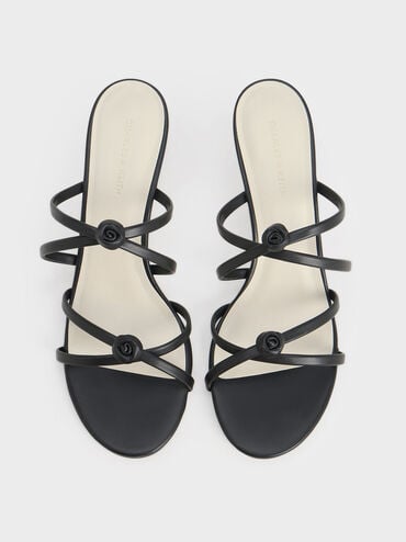 Rose Strappy Slant-Heel Mules, Black, hi-res
