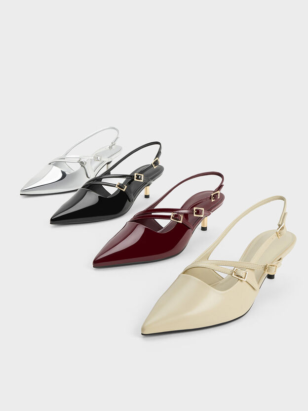 Metallic Pointed Slingback Kitten Heels, Silver, hi-res