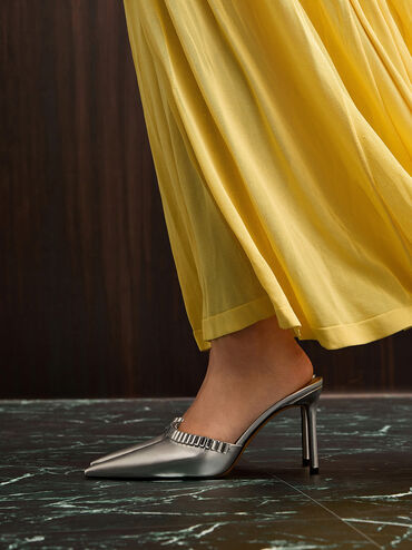 Metallic Crystal-Embellished Pointed-Toe Heeled Mules, Silver, hi-res