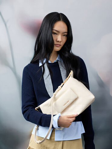 Duo Quilted Front-Pocket Hobo Bag, Cream, hi-res