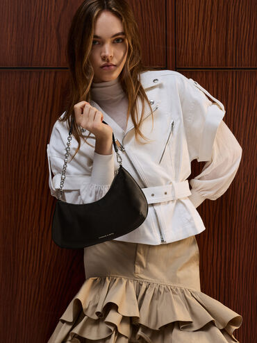 Dion Satin Chain-Handle Asymmetric Shoulder Bag, Noir, hi-res