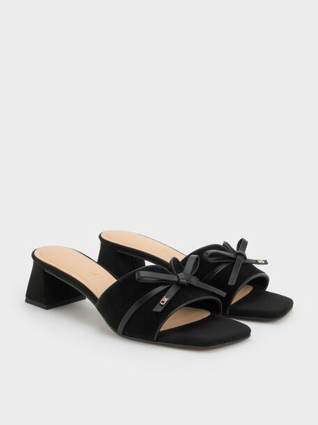 Leather & Suede Bow Heeled Mules, Black Textured, hi-res