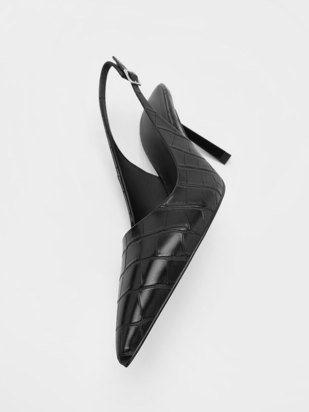 Croc-Effect Pointed Slingback Pumps, Animal Print Black, hi-res