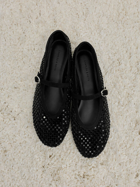 Maggie Mesh Crystal Mary Janes, Black Textured, hi-res