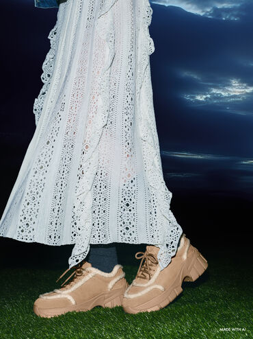 Yunna Suede & Faux Shearling Chunky Sneakers, Beige, hi-res