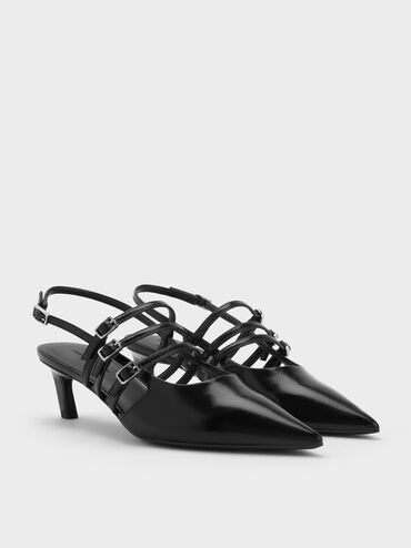 Patent Triple-Strap Pointed-Toe Kitten-Heel Slingback Pumps, Black Patent, hi-res