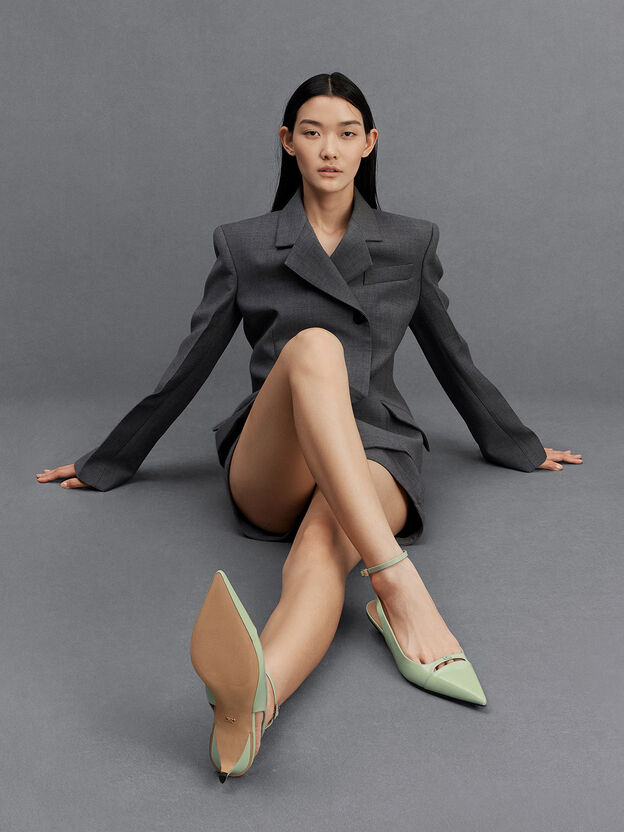 Leather Kitten-Heel Pumps, Mint Green, hi-res
