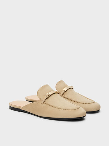 Faux Suede Metallic-Bar Loafer Mules, Beige, hi-res